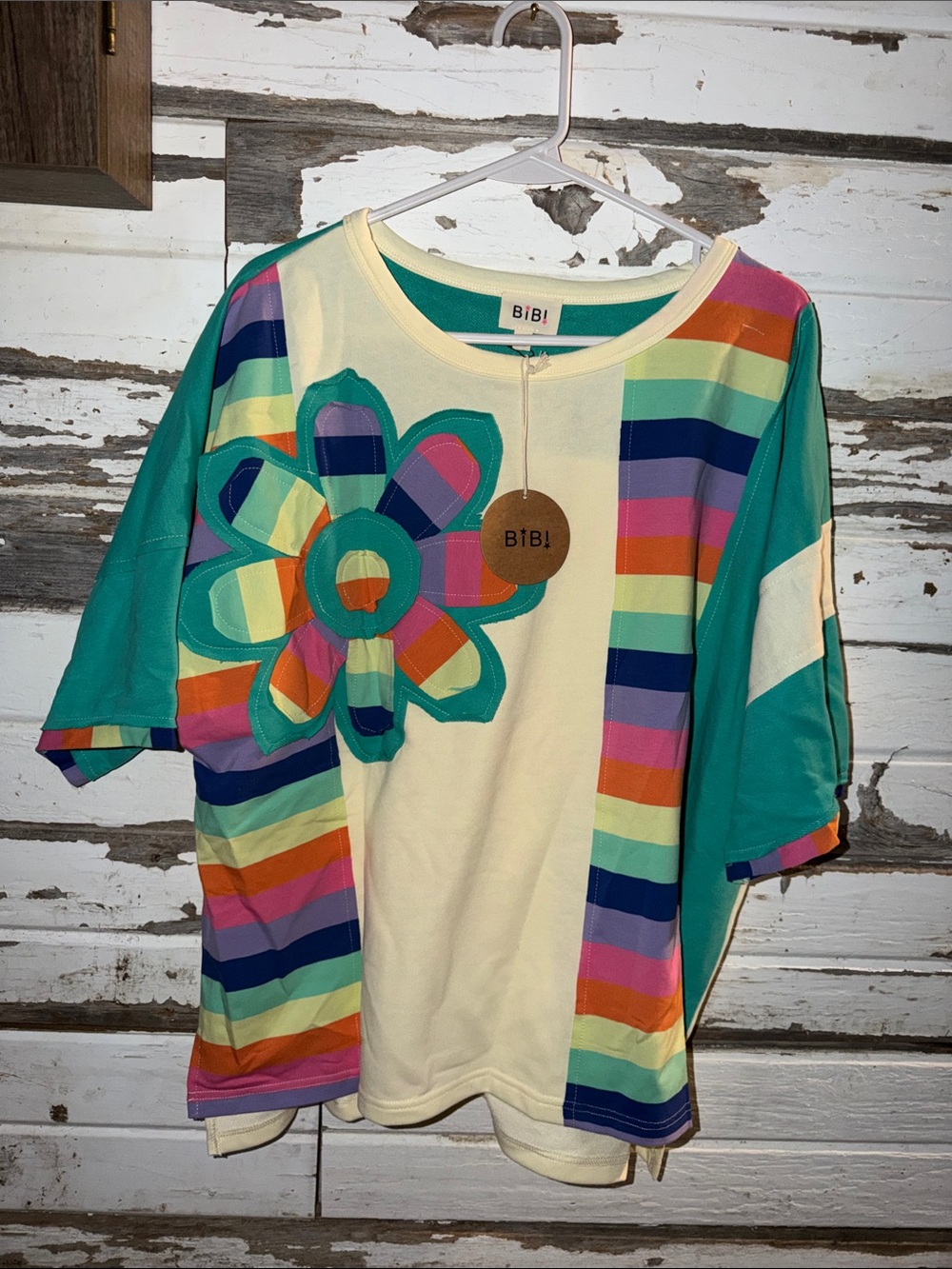 BiBi Teal & Cream Short-Sleeve Tee with Multicolor Stripe Flower Appliqué